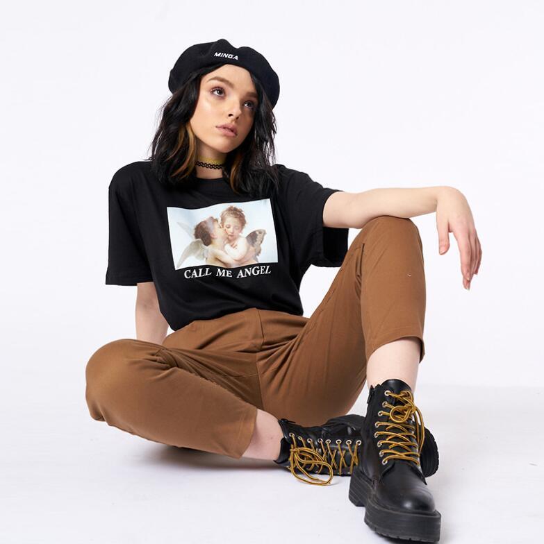 

Summer Women Casual O-Neck Short Sleeve Letter Angel Print Loose T shirt Y200110, Black