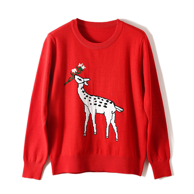 

New 2021 Runway Beautiful Deers Drawings Pullovers From the Basic Women's White Solid Red Lady Tops Autumn Malha Lgps