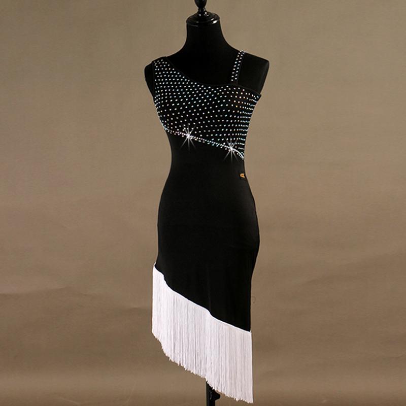 

Black Latin Dance Dress For Women Rhinestone White Fringe Dress Salsa Professional Stage Competitive Latin VDB125