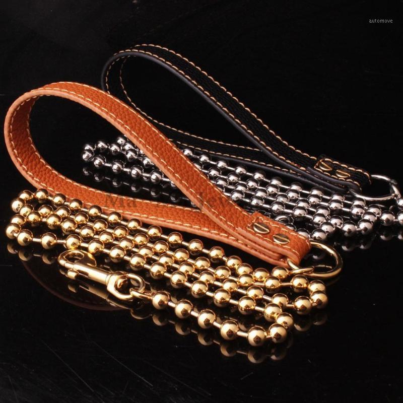 

Pet Dog Chain Walking Leash Leather Pet Supplies Handle Training Lead Stainless Steel Chain1