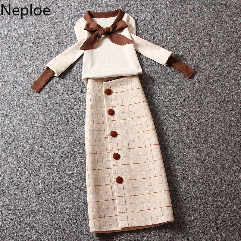 

Neploe New Women Knitted Sets Bow Tie Hit Color Sweater + Medium-long Buttons Plaid Skirt Suits Knitted Sets Outfits 54673 201130, White apricot
