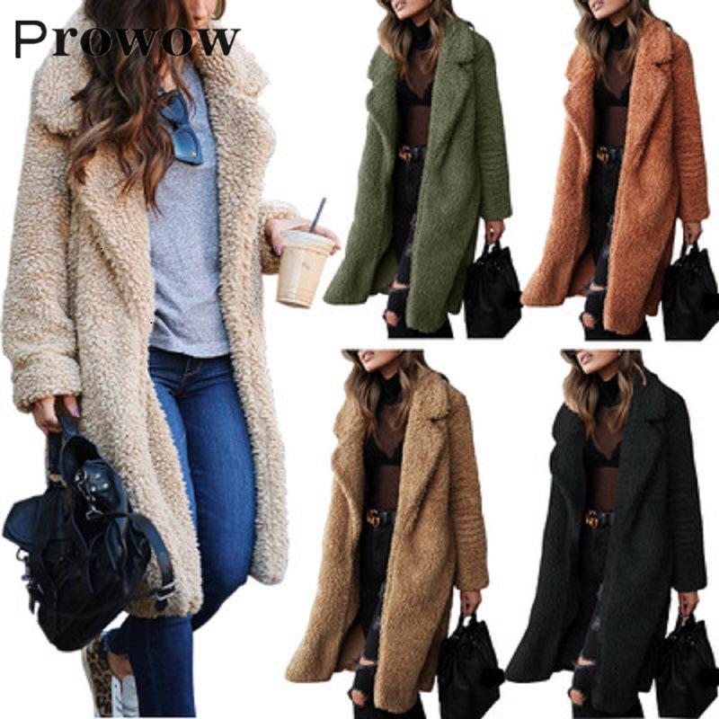 

Prowow Solid Long Plush Coats Women Warm Winter Casual Loose Faux Fur Jacket Female Long Sleeve Open Stitch Plus Size Outwear, Beige