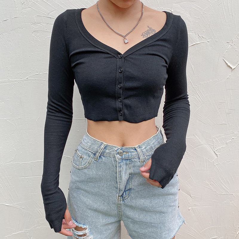 

Women Long Sleeve V-neck Crop Top Stylish Solid Color Knit Top for Ladies Fashion Summer Spring Cub T-shirt Ribbed Streetwear PFPS