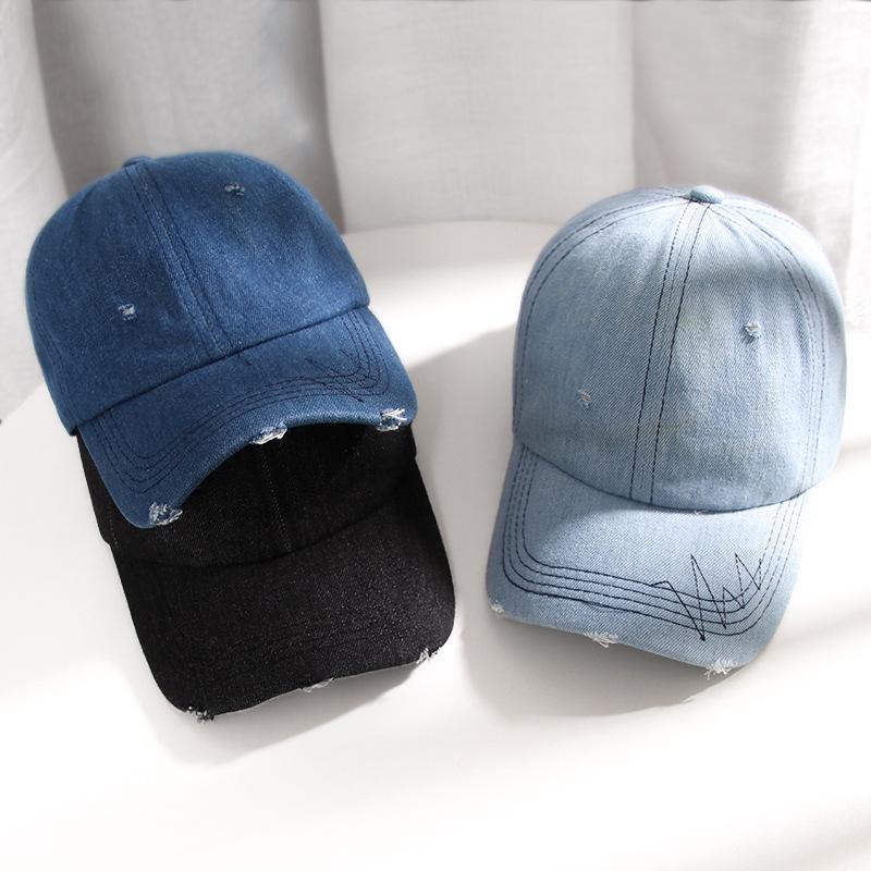 

2020 Autumn New Fashion Street Cowboy Hat Frayed Edge Hole Fashion Casual Baseball Cap Sunshade Sunscreen Casquette, Line-light blue