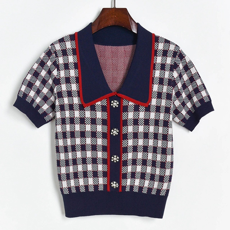 

2021 Vintage Plaid England Women's Blouses Will See New Viscose Contrast Color Kintted Tops Elegant Diamond Button Short Sleeve Sweater M5DG, Navy blue.