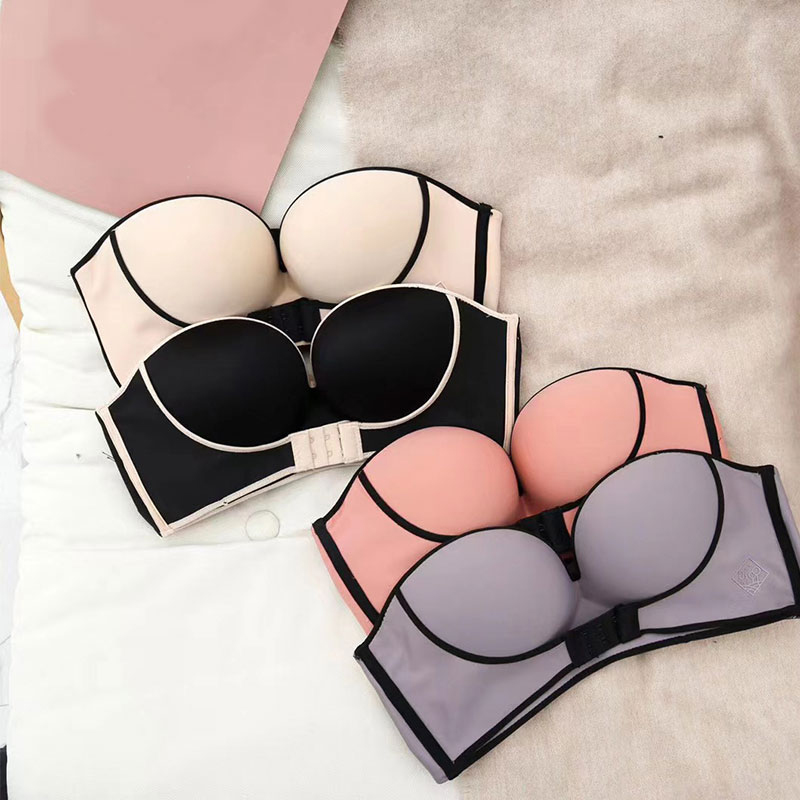 

1/2 Cup Push Up Bra Front and Behind Buckle Underwear Women Sexy Deep V Strapless Stealth Brassiere Wire Free Thicken Lingerie, Red;black