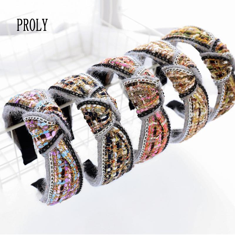 

PROLY New Fashion Women Hairband Wool Fabric Inlaid Metal Chain Headband Center Knot Turban Adult Hair Hoop Wholesale