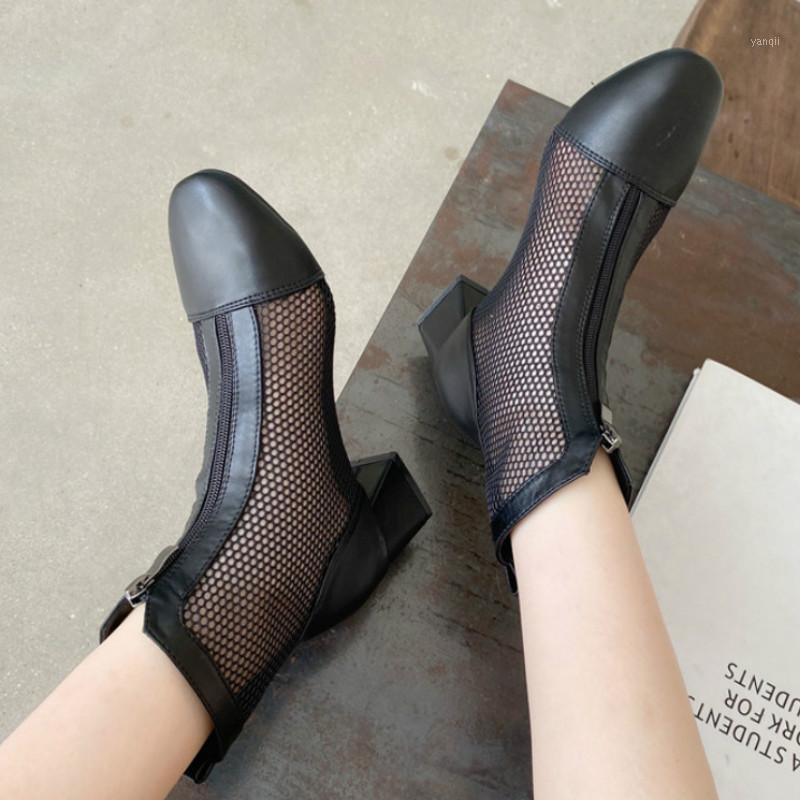 

LEOPARD LAND 2020 Women's Shoes Chunky Heel Semi-High Heeled Mesh Boots All-match Round Head Front Zipper Cool Boots CWF-Wm833-11, Black