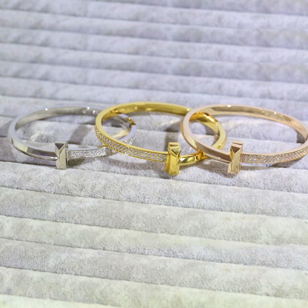 

Europe America New Style Lady Women Titanium steel Engraved T Letter Setting Double Row Diamond Bangle Bracelets 3 Color