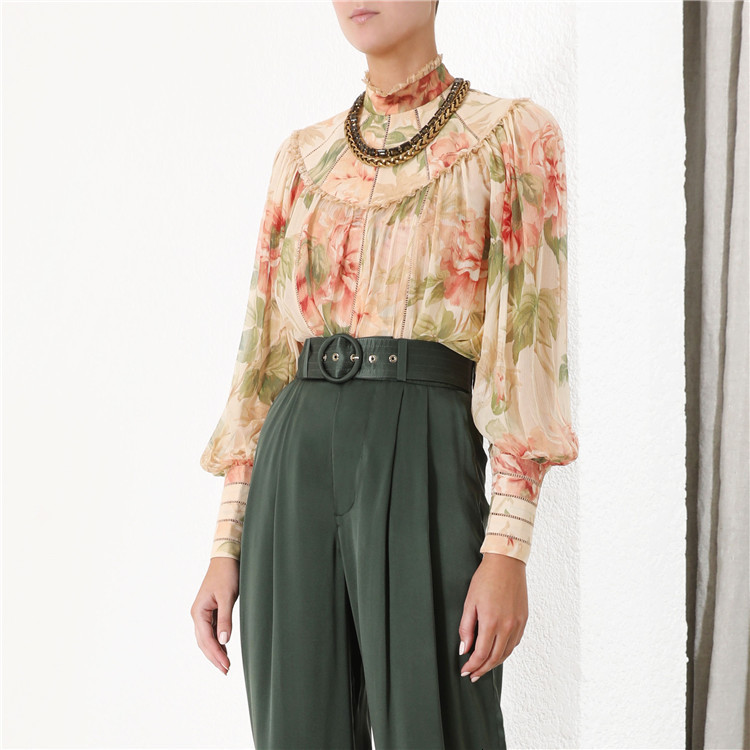 

New Sexy Woman Slashes Hollow Blouse Printed Floral Frilly Shirts Women's Turtlenecks High Street Tops R7wz, Dots