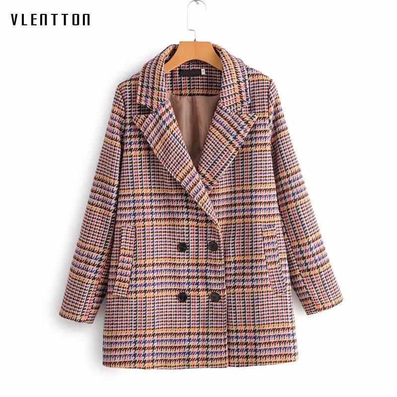 

Autumn Winter Vintage Plaid Wool Tweed Long Jacket Blazer Women Pockets Office Blazers Overcoat Warm Female Coat Outwear Mujer, Photo color