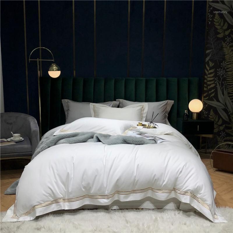 

1000TC Egyptian Cotton Gold Embroidery Linens Duvet Cover set White Grey Sateen Hotel Bedding set Bed Sheet King Queen size 4Pcs1, Color 2