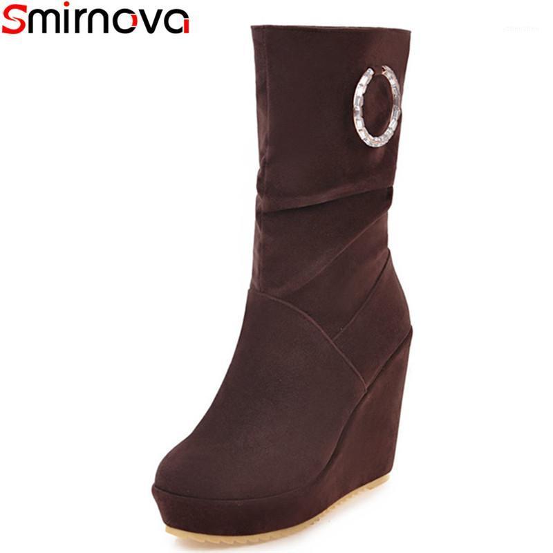 

Boots Smirnova Arrival 2021 Mid Calf Round Toe Platform Wedges Solid Slip On Women High Heel Big Size 32-431, Black