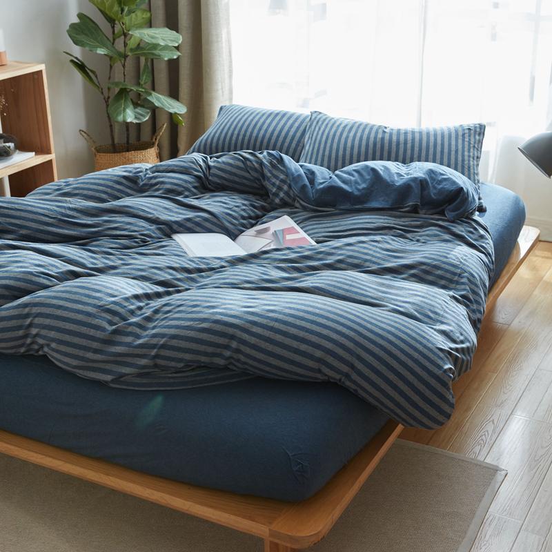 

4pcs Nordic duvet cover set 100% Cotton jersey knitted bedding sets queen king size solid blue fitted bed sheet double linens, As pic