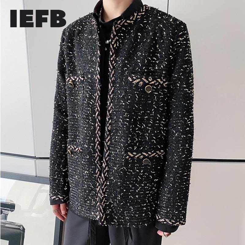 

IEFB 2020 autumn winter high quality men's clothes long sleeve woolen coat cardigan many pockets loose jackets male 9Y4693, Black