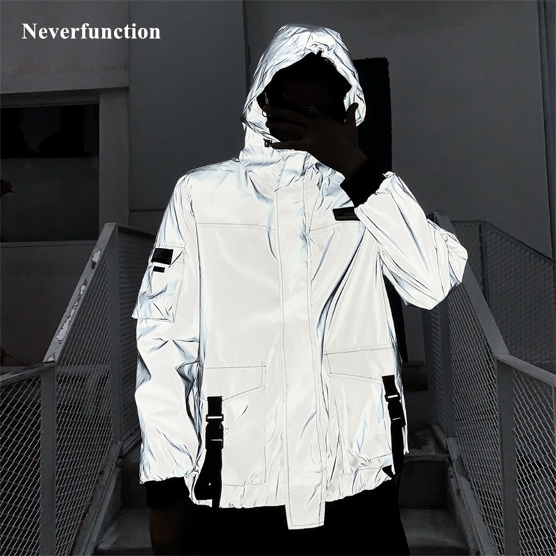 

New Men Night reflective gray Hooded Windbreaker Jacket male Streetwear Multi-pocket Ribbon Loose Casual Jackets Coats 201118, Pink