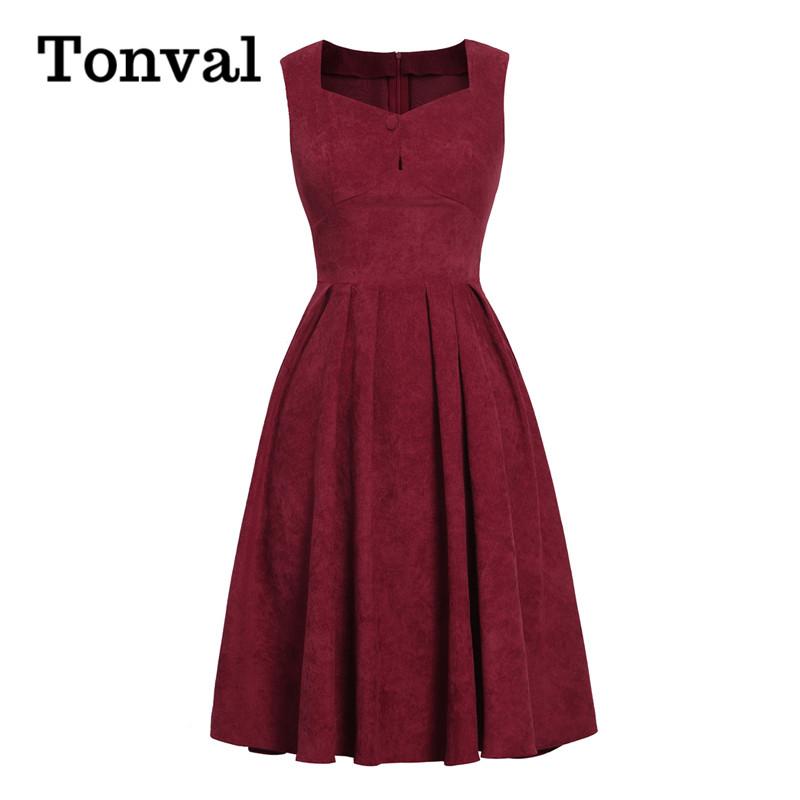 

Tonval Button Front High Waist Pleated Corduroy Autumn Dress Burgundy Elegant Party Women Sleeveless Vintage Dresses