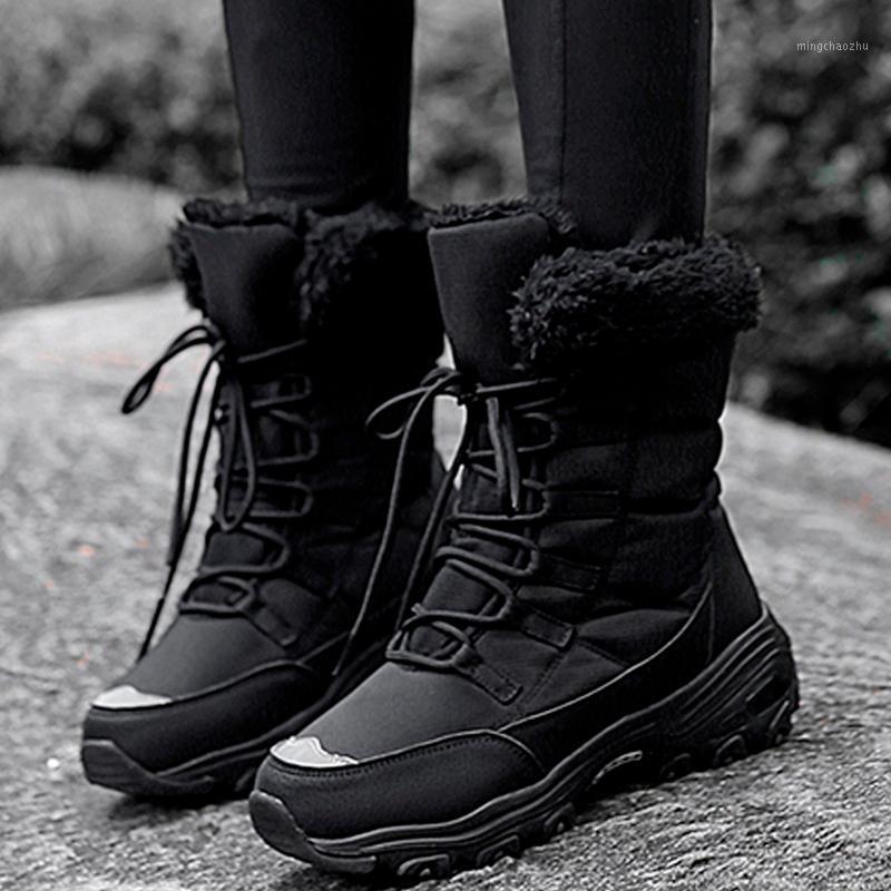 

Fashion Women's Winter Waterproof Warm Lace-up Outdoor Plus Velvet Non-slip Mid-tube Platform Snow Boots Round Toe Booties#351, Black