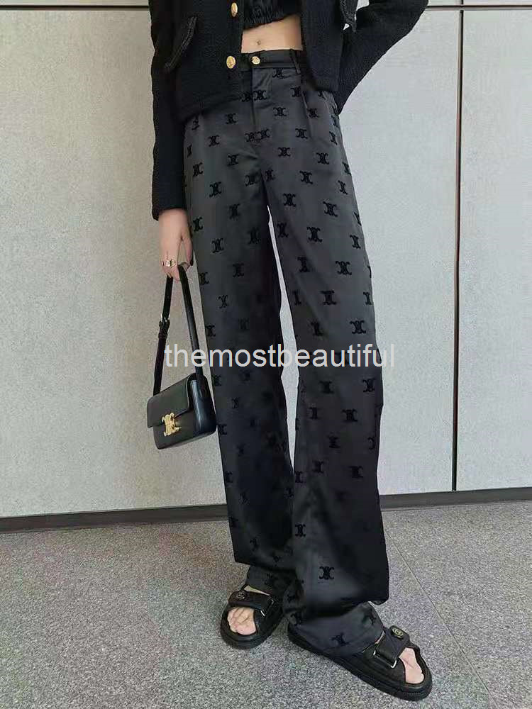 

Women's Pants & Capris CE Home flocking acetate ice silk wide leg pants women's vertical feeling summer season thin straight tube sports leisure floor, Black