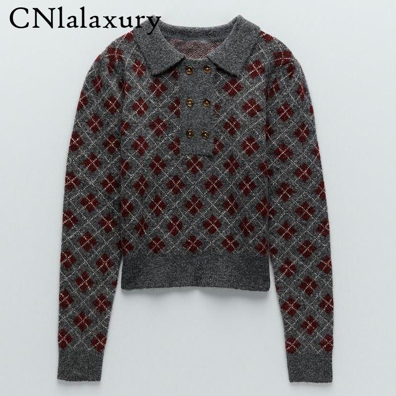 

New women vintage Argyle knitting sweater Ladies long sleeve casual slim sweaters chic pullovers tops pull femme sueter mujer, Picture