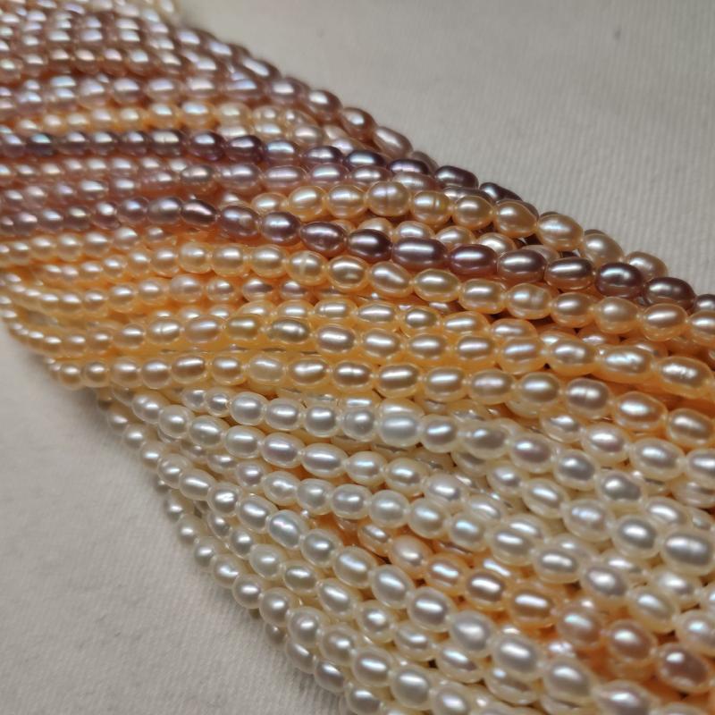 

3mm Small Rice Shaped Natural Freshwater Pearl Classic Choker Necklace Single Strand Tassels Chain 38cm