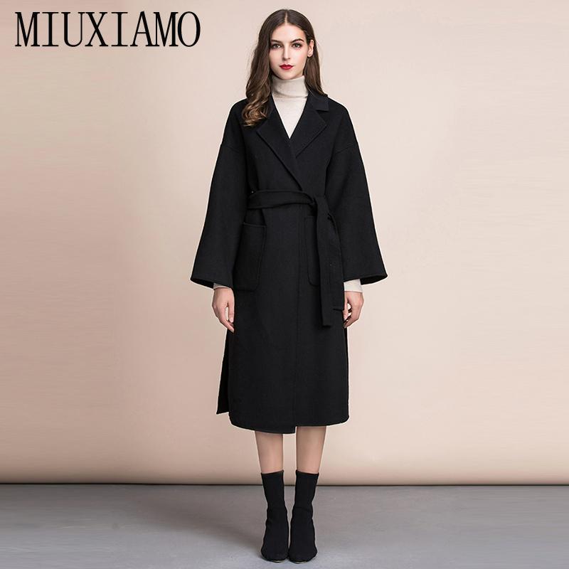 

MIUXIMAO TOP QUALITY 2020 fall Winter coat 100% Pure Wool Black Over Coat Women Long vestidos with Belt