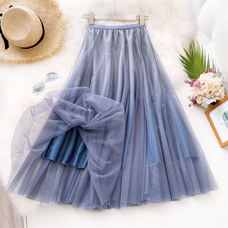 

GIGOGOU Spring Summer Elegant Women High Waist Pleated Skirt Long Midi A Line Mesh Skirts Lurex Shinning Tutu Tulle Skirt Y200326, Khaqi 569