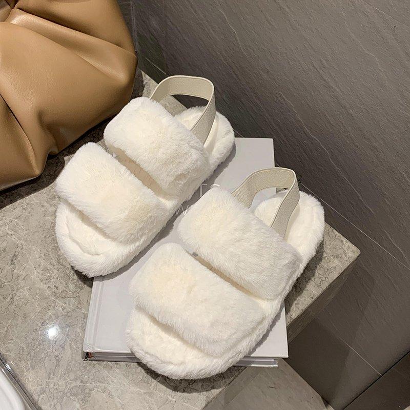 

Furry Slippers Fur Slides For Women Faux Fur Sliders Indoor Shoes Woman Strap Shoes Female Casual Home Flat Winter Footwear, Black