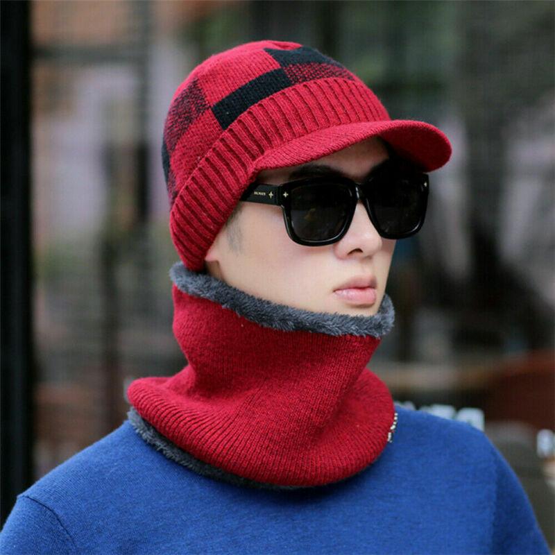 

Unisex Men Women 2 Pcs Hat + Ring Scarve Set Plaid Knitted With Brim Beanies Winter Warm Hat