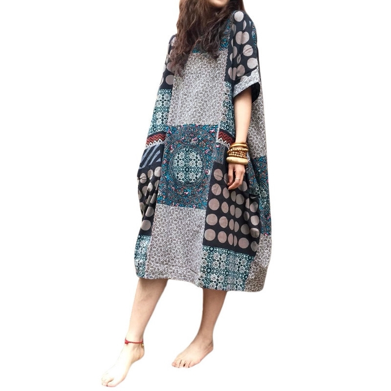 ZANZEA Vintage Women Random Floral Print Dress Summer Short Sleeve Baggy Long Mid Calf Cotton Linen Dress Casual Loose Kaftan Y200102