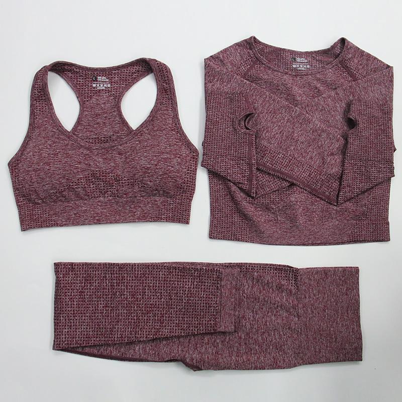 

1/2/3pcs Women Seamless Yoga Set Workout Sportswear Gym Fitness Run Yoga Bra Long Sleeve Crop Top High Waist Leggings Sport Suit1, Wine red top