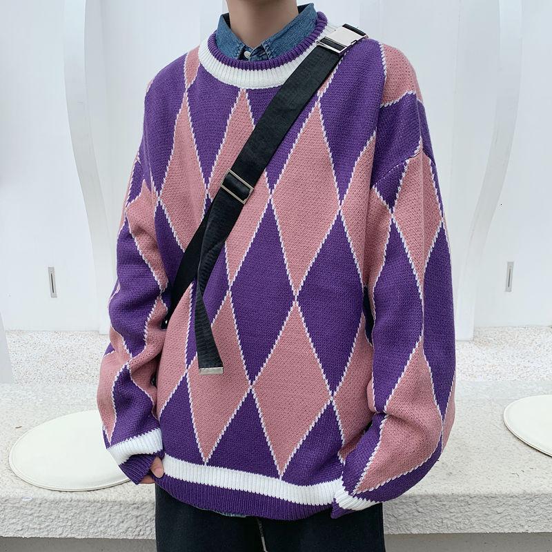 

Korean Plaid Sweater Men's Warm Fashion Casual Knitted Pullover Men Wild Loose Winter Knitting Sweaters Mens Clothes -2XL, Purplish red