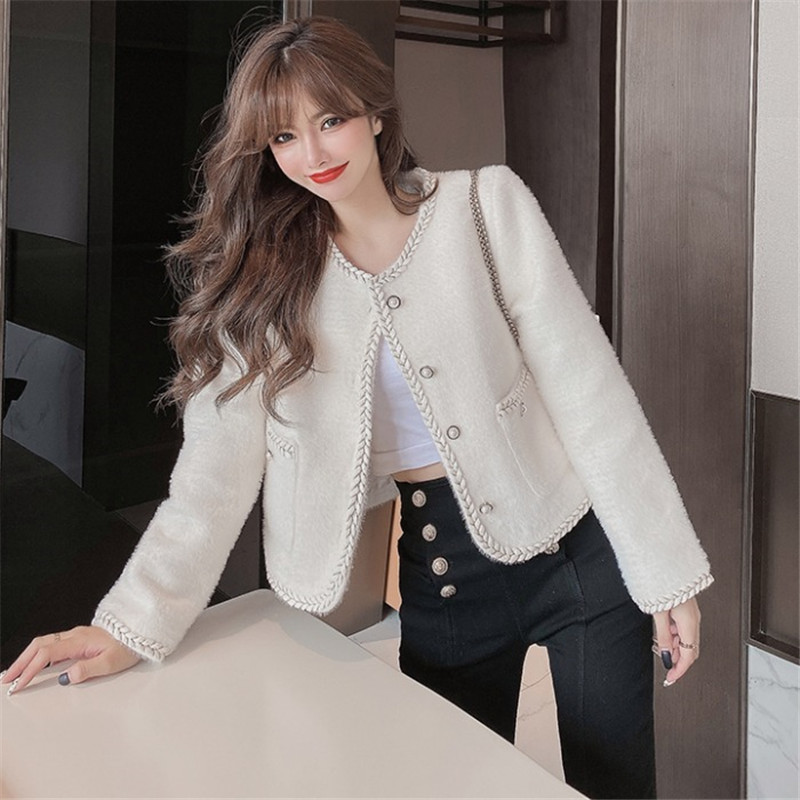

2021 New Sweet Fuzzy Pink Lady Autumn Thick Korean Fashion Long Sleeves Short Loose Coat Ladies Mink Wool Jacket 3VO5, White