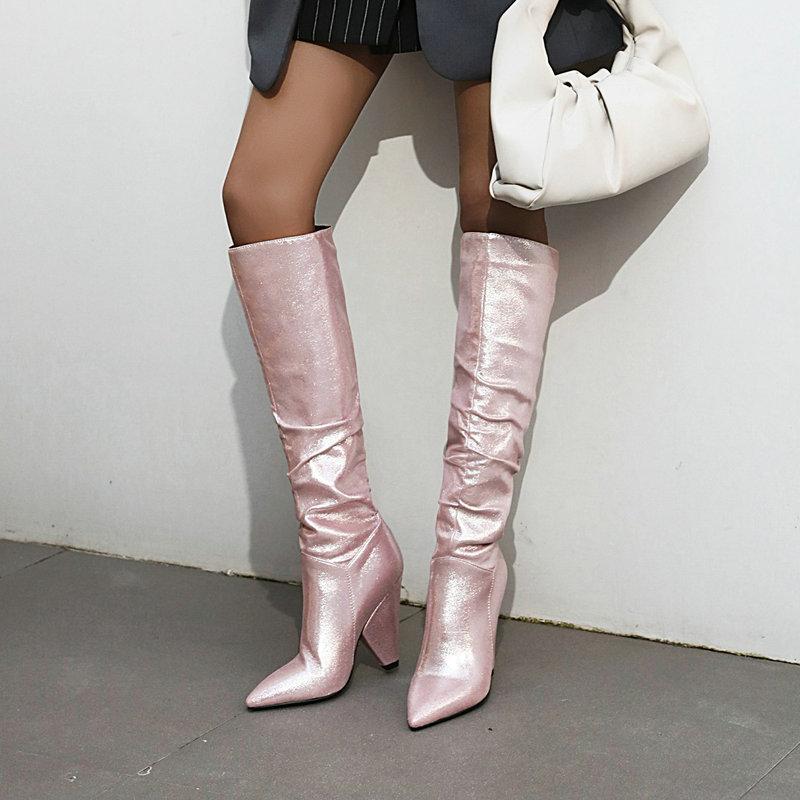 

2021 New Autumn Winter Fashion Knee High Boots Women Pleated Slip On Boots Ladies Pointed Toe Wedges Heel Long Woman, Sliver