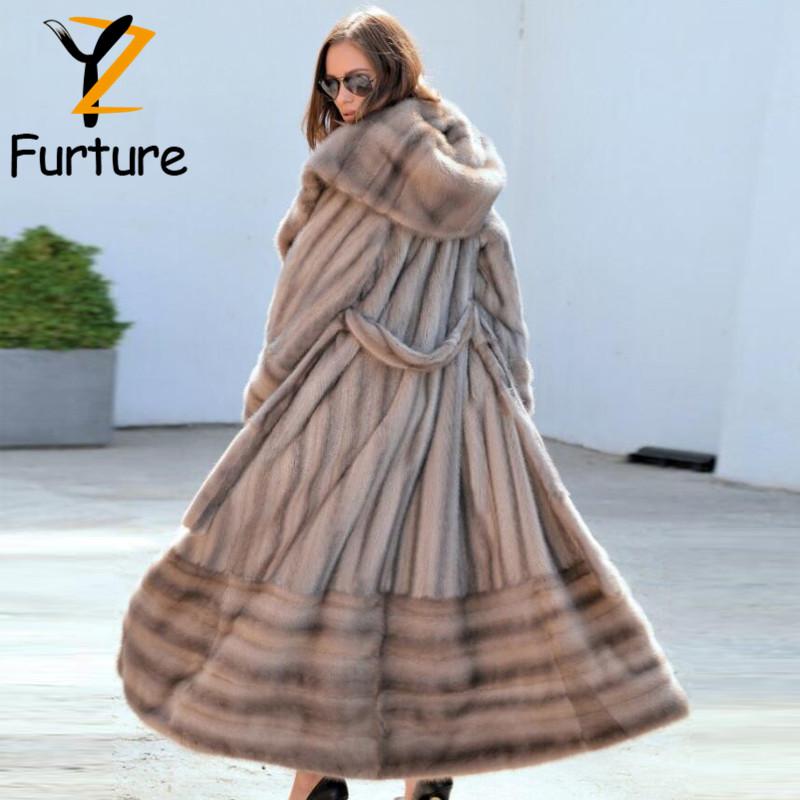 

Winter Woman Luxury Real Hooded Coat 130CM Long Fashion Skirt Hem Design Thick Warm Outerwear Full Mink Pelt Sashes Fur