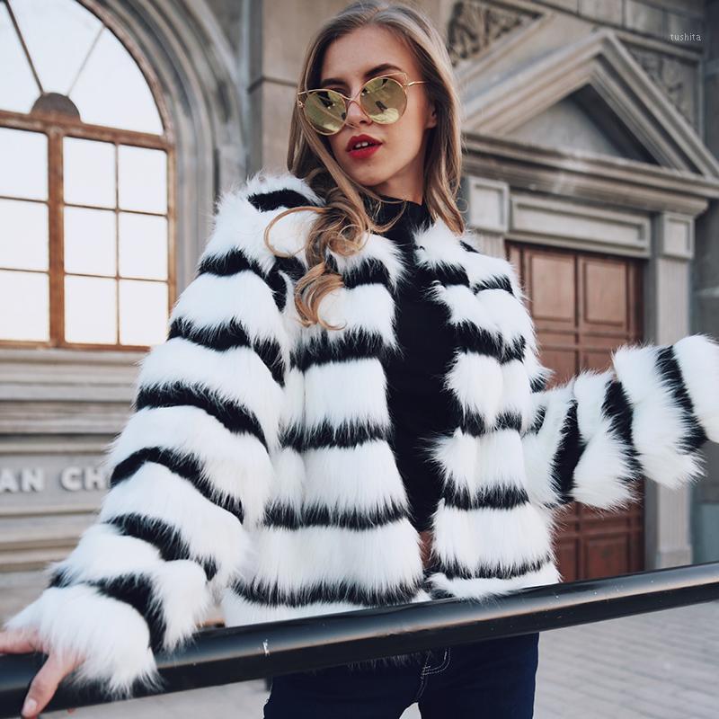 

Fur & Faux Fur Black White Striped Short Women' Coat 2020 New Fashion Autumn Winter Long-sleeved Women' Coat NUW7021, Photo color