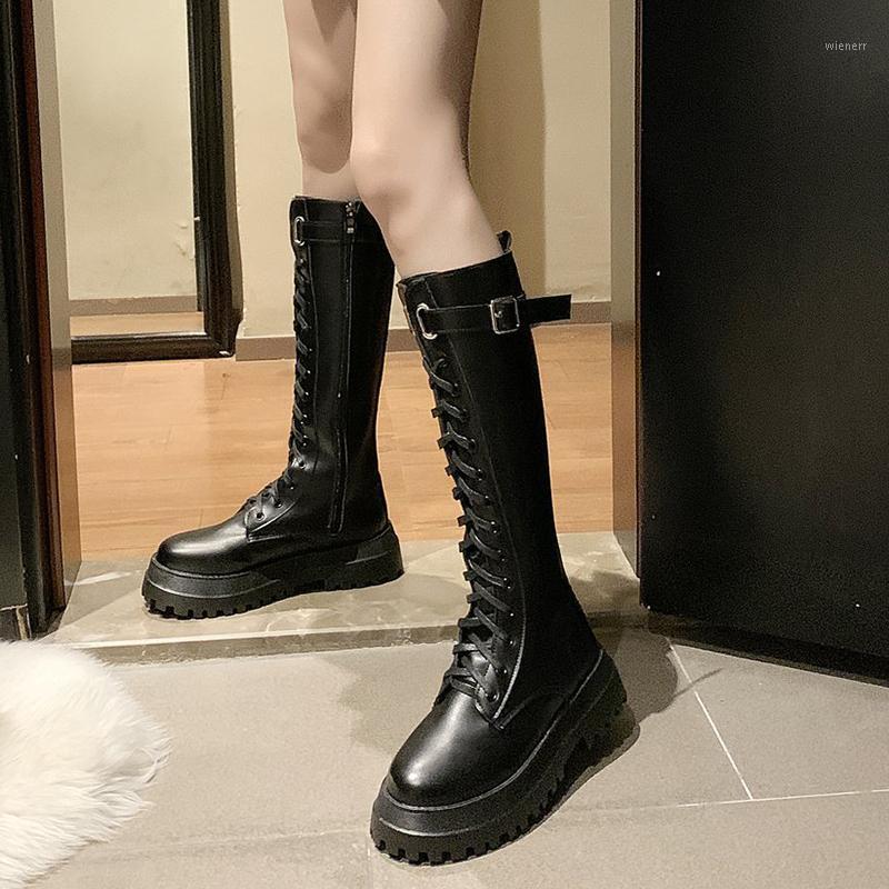 

Rimocy Autumn Winter Buckle Platform Long Boots Women Black Pu Leather Knee High Boots Woman Waterproof Lace Up Chunky Shoes1