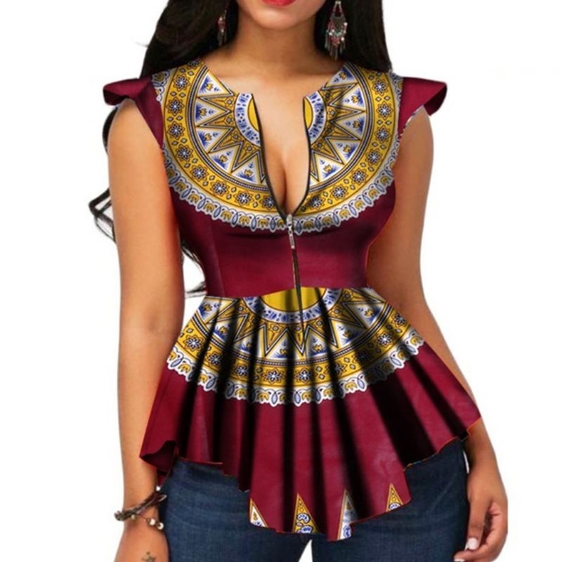 

Summer Vintage Ethnic Elegant Red African Fashion Women Blouses Casual Black Slim Print Retro Chic Ruffles Tops, Purple
