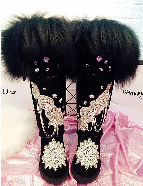 

2020 Chain Handmade Strass on Knee Leather Raise Snow Boots Fox Skin Large Dimensions Long Pipe to Keep Warm Anf5, Black