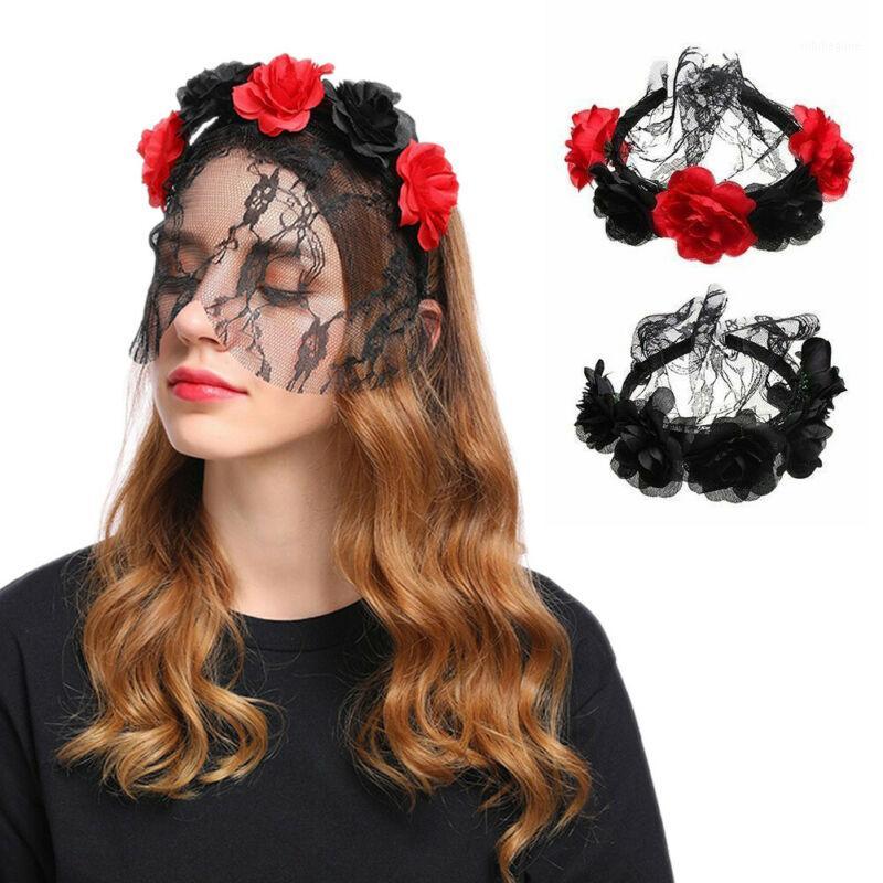

Adults Ladies Day of the Dead Floral Flower Rose Headband Fancy Dress Halloween Wreaths1, Red