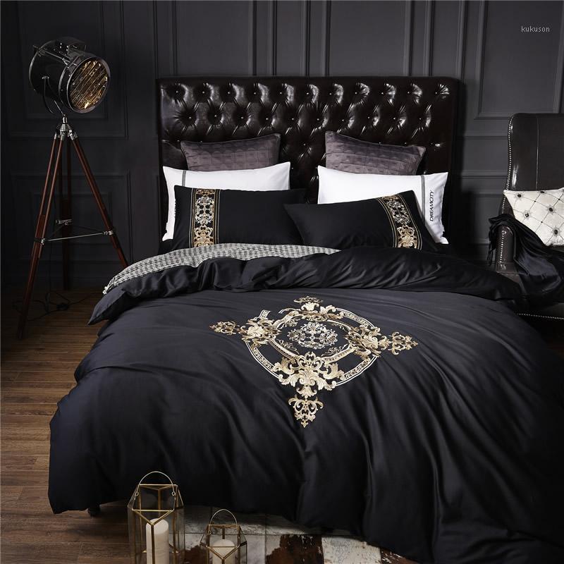 

Black egyptian cotton gold embroidery Bedding Set queen king size rubber fitted sheet Duvet Cover with comforter 5pcs Bed set1, As pic