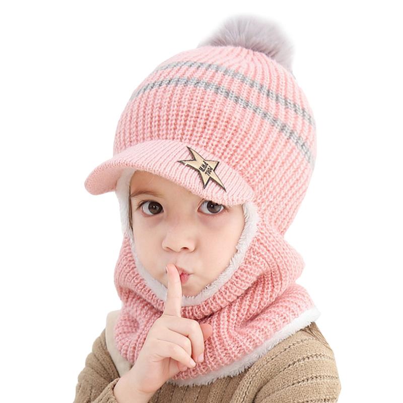 

Autumn Winter Peaked Wintercap Children with Ear Flaps for Girls Boys Knitted Fleece Hats Cute Unisex Baby Scarf Beanies