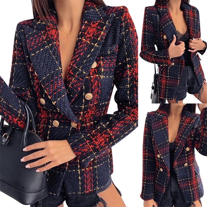 

Winter Elegant Ladies Double Breasted Slim Office Ladies Jacket Female Fashion Outdoor Casual Jackets Plaid Coat Women 201106, Red