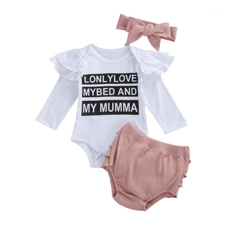 

0-24M Autumn Kids Girls Boys Clothes Sets Letter Print Long Sleeve Romper Tops Ruffles Shorts Headband1, As pic