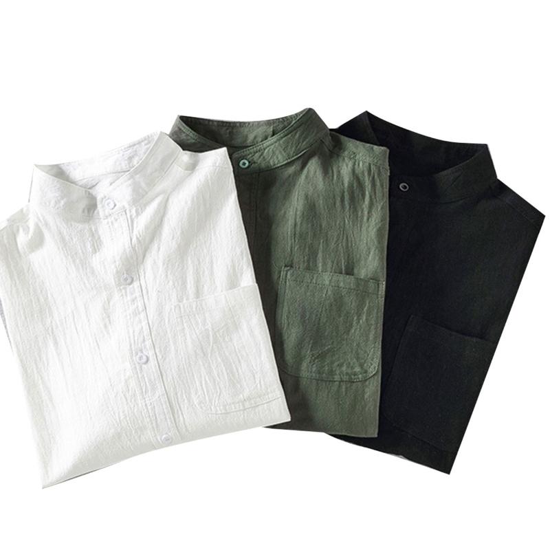 

Men's Half Sleeve Shirts Simple Summer Loose Adjustable Solid T-Shirts with Pocket Male Lapel Neck Leisure Tops -4XL, Black