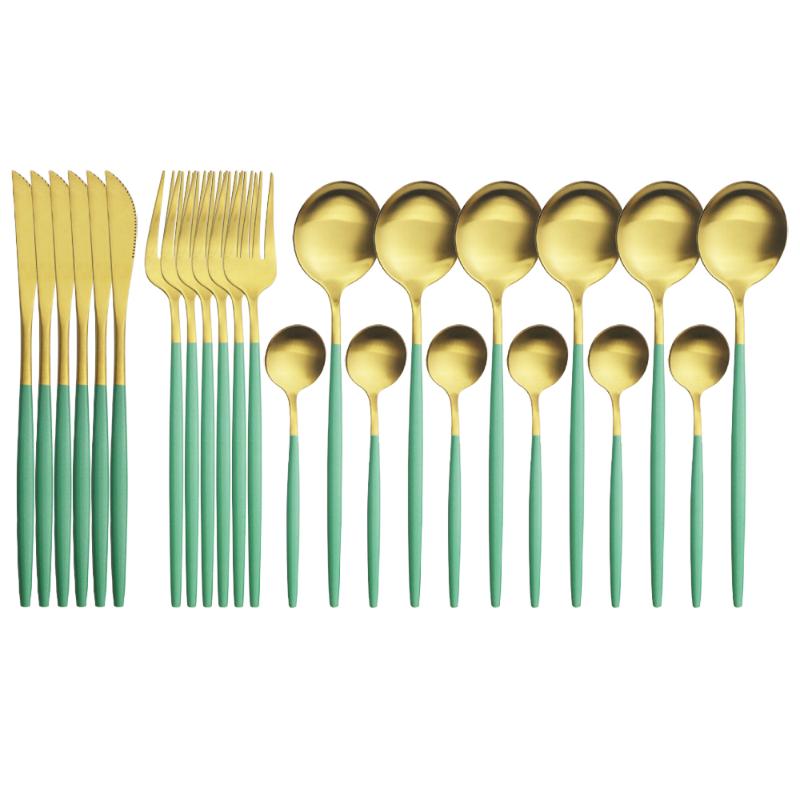 

24Pcs Green Gold Dinnerware Cutlery Set Western Knives Fork Spoons Dinner Tableware Matte Stainless Steel Kitchen Silverware Set