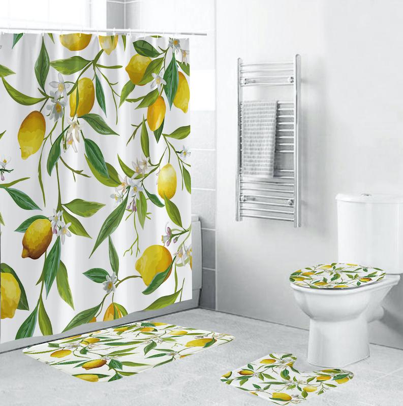 

Cartoon Fruit Bathroom Set with Hooks Waterproof Shower Curtain Non Slip Bathroom Rug Carpet Toilet Lid Cover
