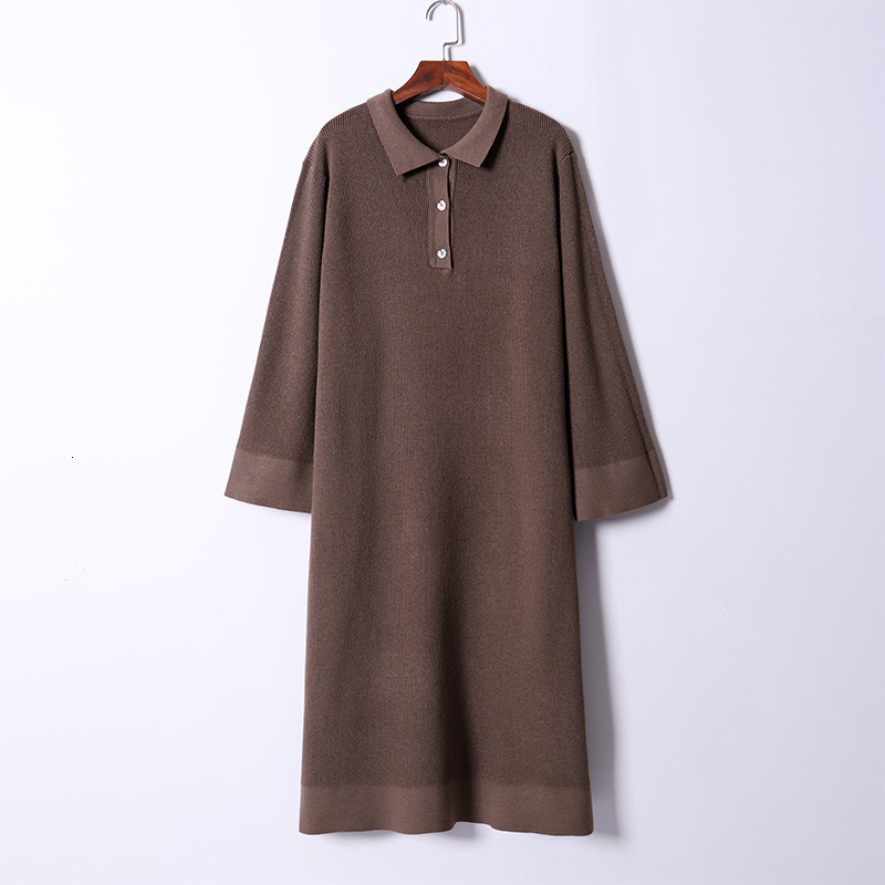 

2021 New Oversized Long Knit Women Maxi Straight Thick Warm Turn-down Collar Sweater Autumn Winter Button Party Dress N893, Coffice