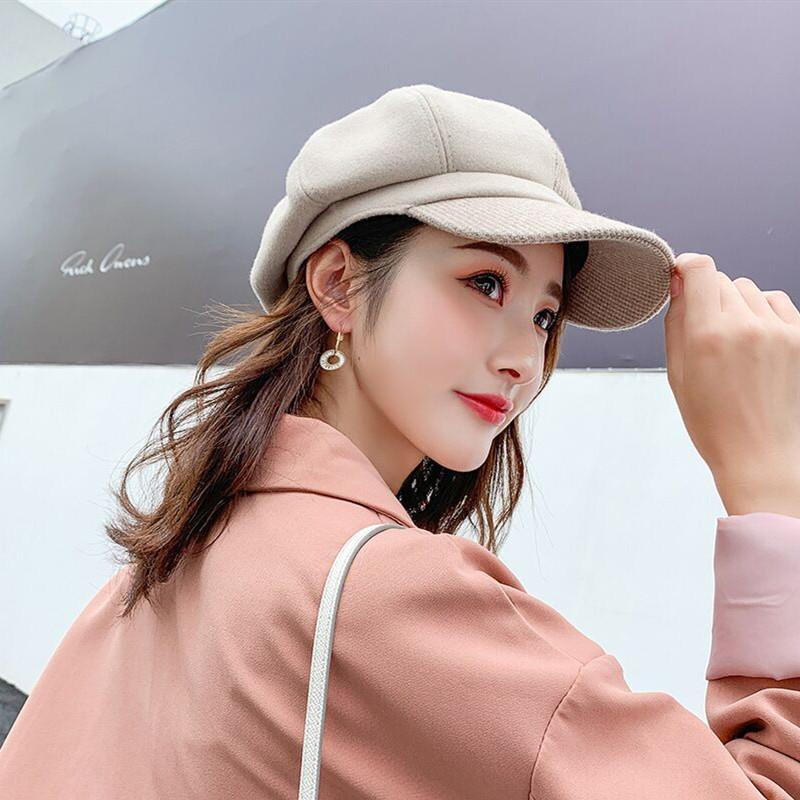 

New Octagonal Hats Ladies Warm Wool Knit Female Autumn Winter Colorblock Beret Hat Party Retro British Style Women Birthday Gift, Cream