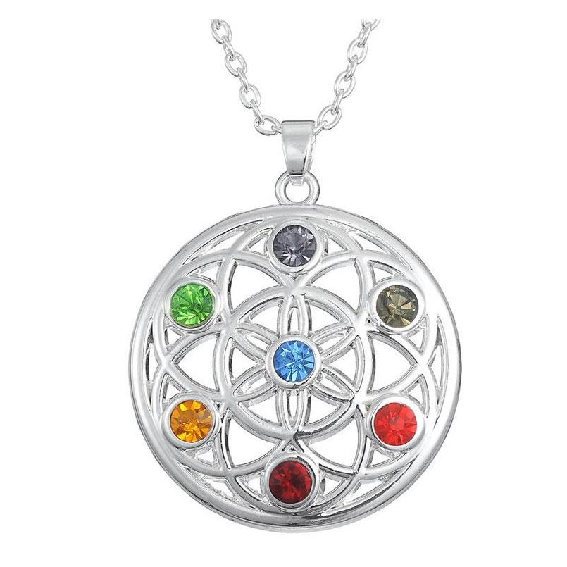 

Crystal Chakra Necklace Fashion Round Yoga Pendant Necklace Religion Chimera Om Yoga Sanskrit Short Cloak Pendant Women Girl Jewelry Wwu5F